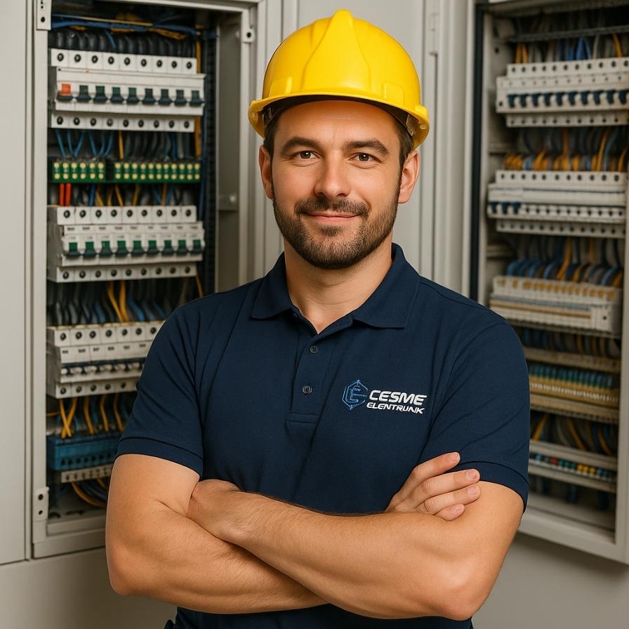 Çeşme Elektronik teknisyeni, elektrik panosu önünde güvenle poz veriyor. Üzerinde marka logolu lacivert iş kıyafeti ve sarı baret bulunuyor.