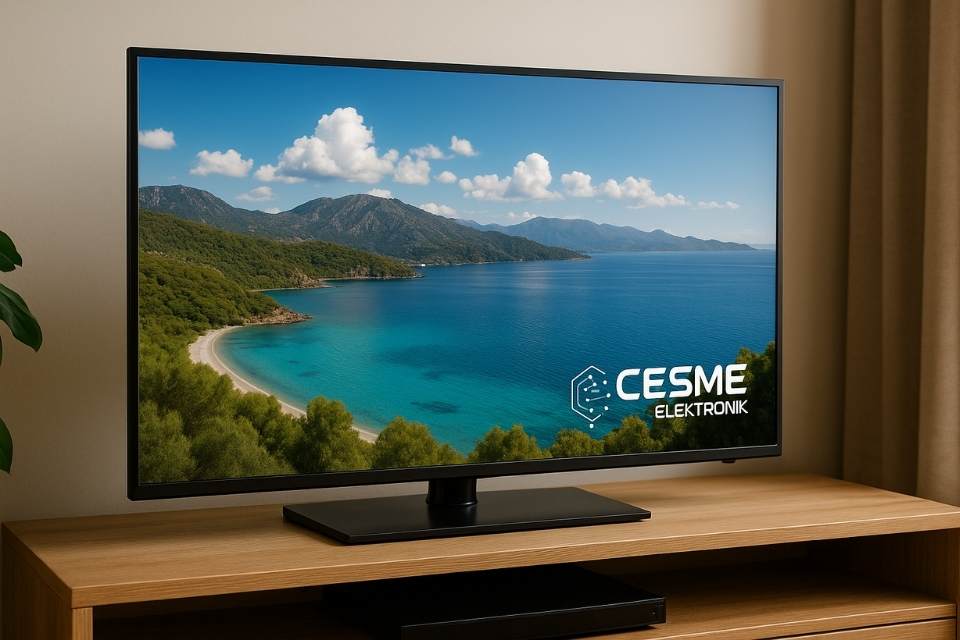 Modern bir televizyon ekranında Full HD kalitede deniz manzarası yayını görünüyor. Ekranın köşesinde Çeşme Elektronik logosu yer alıyor.