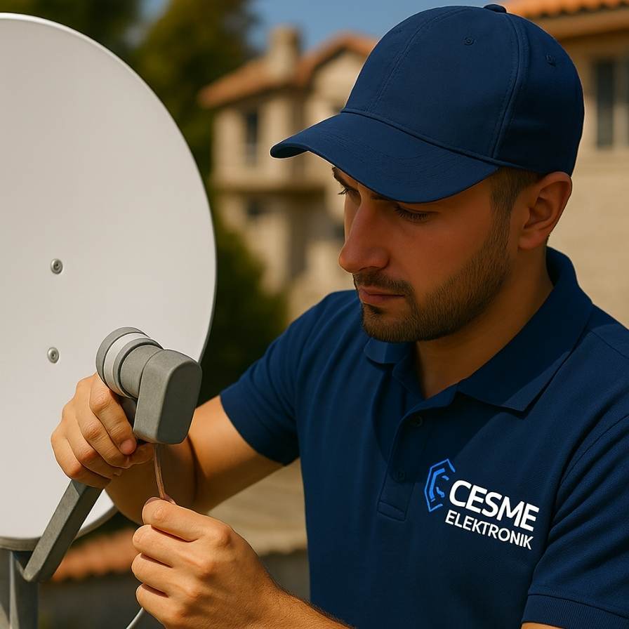 Çeşme Elektronik teknisyeni, uydu anteninin açı ayarını el ile yaparken görülüyor. Üzerinde lacivert şapka ve “ÇEŞME ELEKTRONİK” logolu polo tişört bulunuyor.